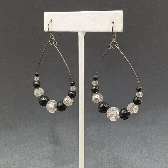 Pierced Earrings Gun Metal Gray Teardrop Wire Loop Acrylic Beaded Dangle 2" - Picture 6 of 10